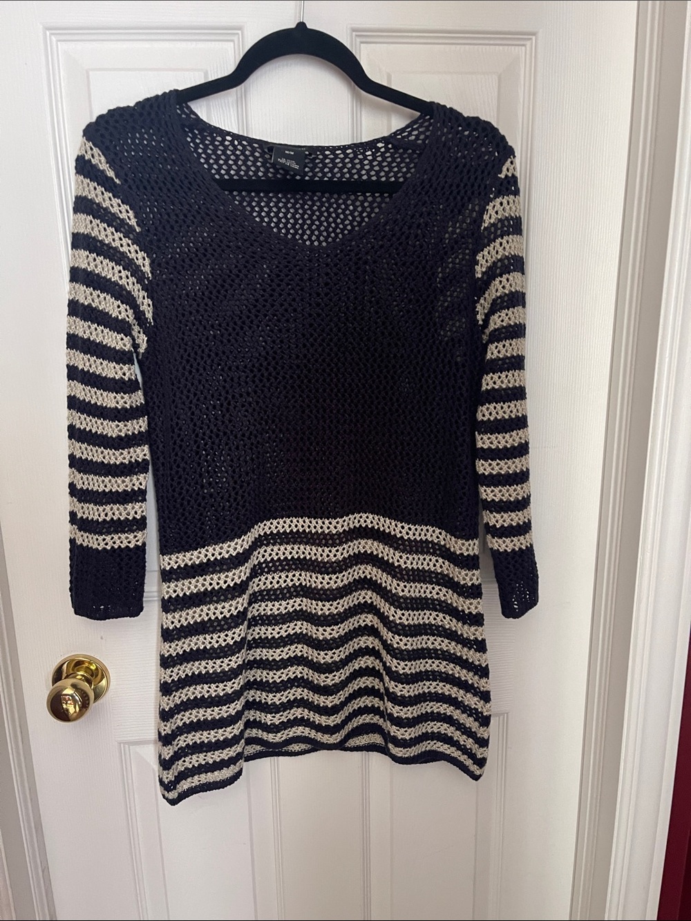 Striped Open-Knit Sweater Tunic - Black and Cream